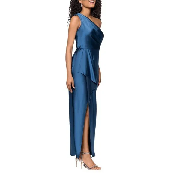 NWT XSCAPE One-Shoulder Satin Gown Ocean Blue Size 6 - Picture 3 of 16